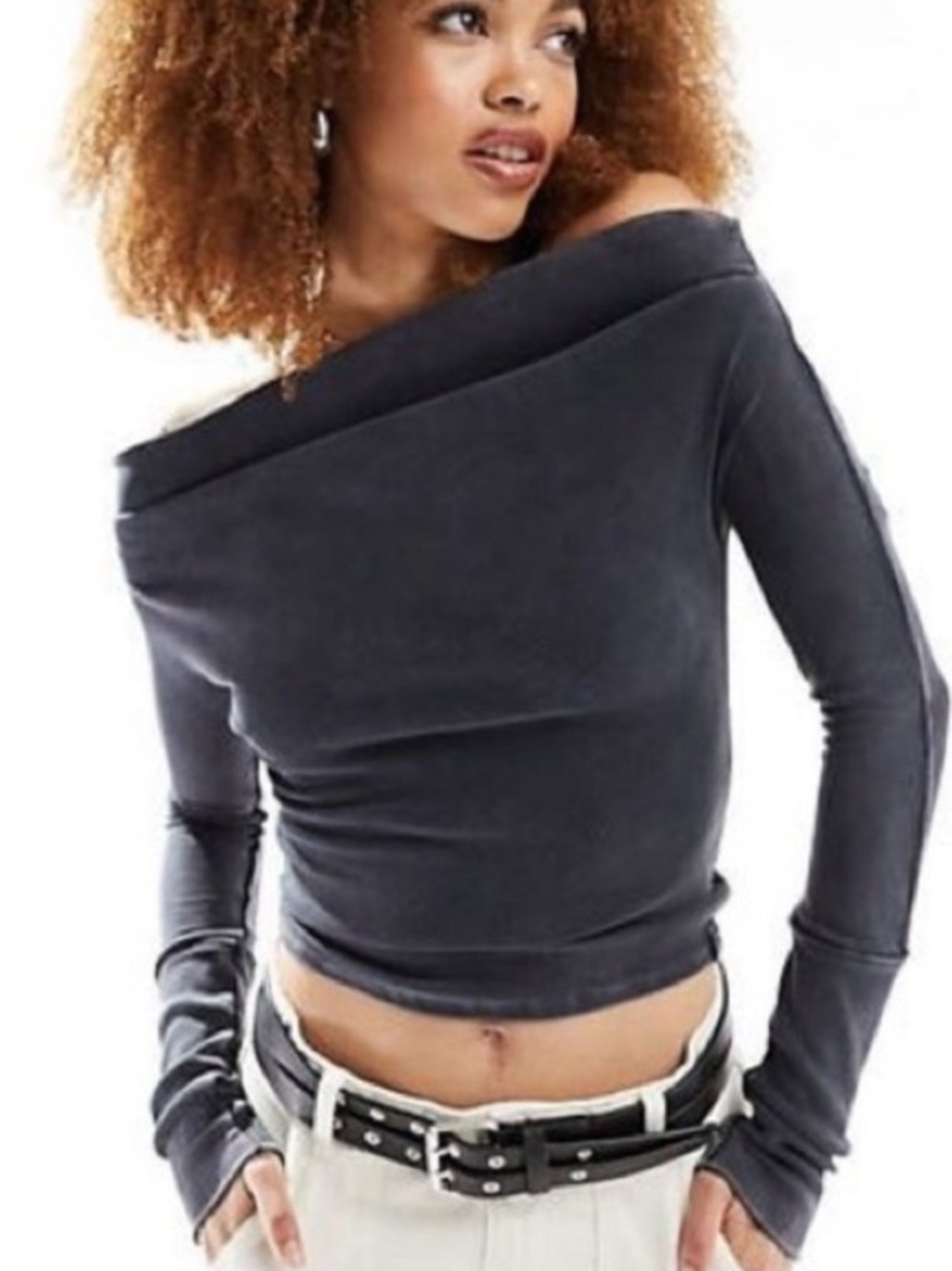 We The Free Off-Shoulder Slim Ribbed Long Sleeve- Charcoal